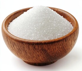 Wooden Bowl of White Sugar Close-up Photography, Granular Texture, Sweetness Concept, Food Photography, Sugar Crystals Sugar, Sweetener