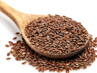 Wooden Spoon of Brown Flax Seeds Close-up Photography, Healthy Food, Nutrition, Flaxseed, Superfood Flax seeds, healthy eating