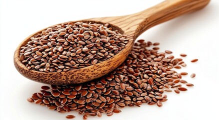Wooden Spoon of Brown Flax Seeds, Close-up Photography, Healthy Food Concept, Flax Seed, Superfood Flax seeds, healthy food