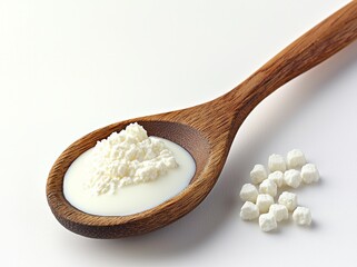 Wooden Spoon of Cottage Cheese and Whey, Close-up, Dairy Product, Food Photography Cottage cheese, whey