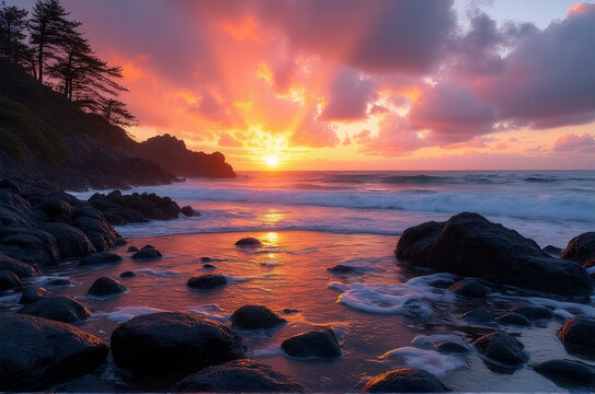 Sunset over a rocky beach with vibrant orange and pink hues