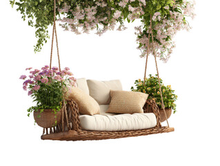 Romantic woven rattan hanging swing loveseat with soft cream cushions patterned pillows and lush flowering plants.