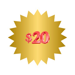 Golden starburst with twenty dollar price isolated on transparent background