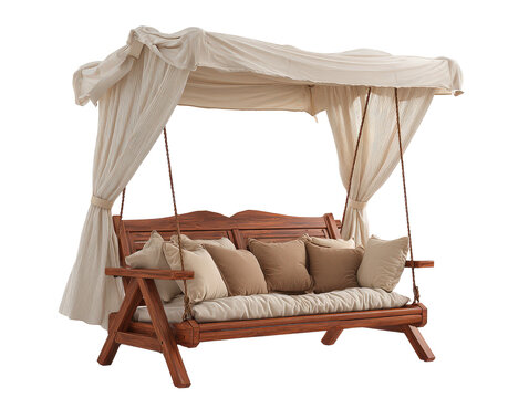 Luxurious wooden garden swing with a draped fabric canopy pleated curtains and comfortable beige pillows. - Powered by Adobe