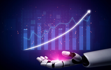 A futuristic robotic hand holds vibrant glowing visualizations against a digital background showcasing upward trend graphs, embodying innovation and analytics. Impute