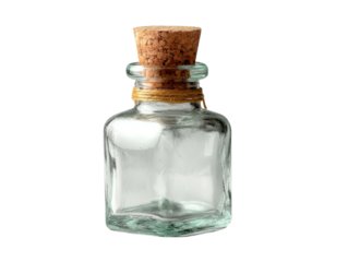 Small empty square glass bottle with a rustic cork stopper and twine wrapped around the neck.