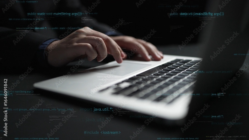 Poster a close-up image featuring professional hands skillfully typing on a laptop keyboard, with code in t