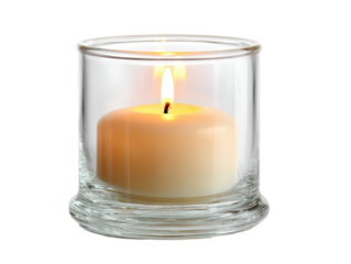 Warmly lit ivory pillar candle burning inside a clear cylindrical glass holder with a ribbed base.