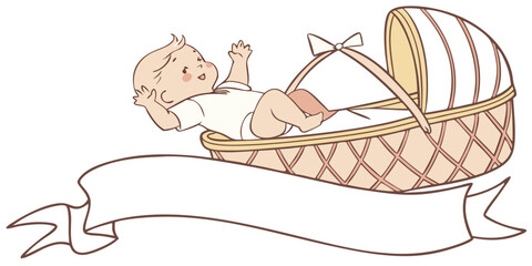 adorable sleeping baby nestled comfortably in woven basket with decorative ribbon banner illustration design and isolated on white background,.