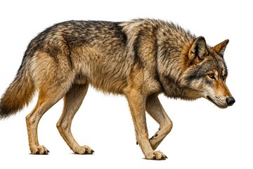 Fototapeta premium Prehistoric Extinct Species Reconstruction, Side profile of gray wolf isolated on white background – perfect for wildlife and educational history illustrations