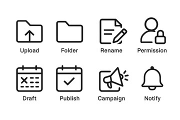 Set of eight simple file management and notification icons