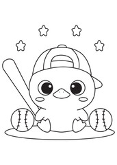 Coloring book page of cute duck with baseball bat and balls.