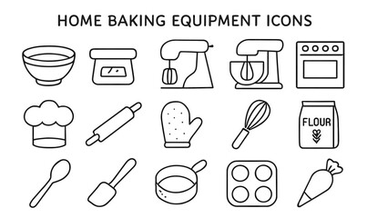 Fototapeta premium Home baking equipment icons: mixer, rolling pin, oven, measuring cup