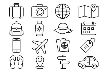 Fototapeta premium Travel icons: suitcase, camera, globe, map, backpack, sunblock, hat, calendar, phone, airplane, passport, tag, flip-flops, location, signs, car