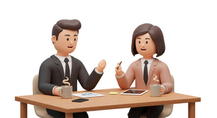 Two 3d people in a business meeting with coffee cups on the table. plain white background