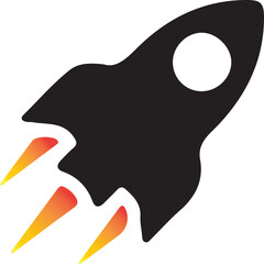 Black rocket ship with fiery exhaust blasting off into space