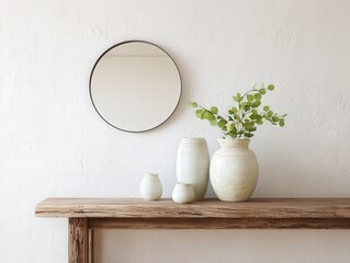 Earthy Elegance: Rustic Console with Vases and Mirror on a Textured White Wall.