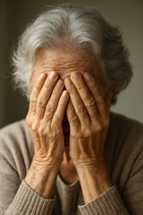 Donna anziana con capelli bianchi che si copre il viso con le mani.