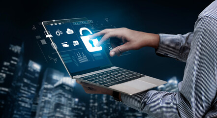 Digital cyber security lock system highlighting data security encryption, cyber password...