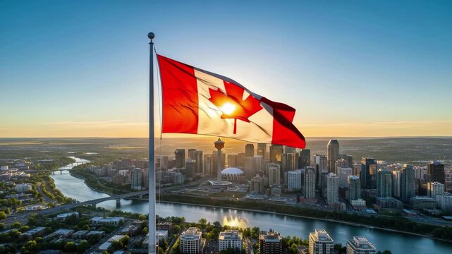 Canadian flag waving above Calgary skyline at sunrise with Bow River and iconic city landmarks, 4k
