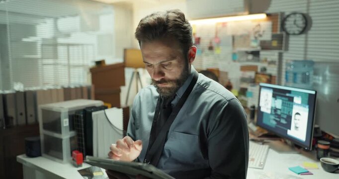 Detective, tablet and reading with man in office for police records, evidence report and night. Crime investigation, criminal database and case files with person in precinct for murder clues deadline