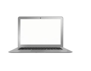 Open Laptop on Wooden Desk with Steaming Coffee Mug, Front View, Isolated on Transparent Background