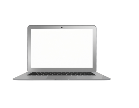 Open Laptop on Wooden Desk with Steaming Coffee Mug, Front View, Isolated on Transparent Background