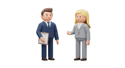 Two 3d cartoon style business people standing and talking, one holding a clipboard. plain white background