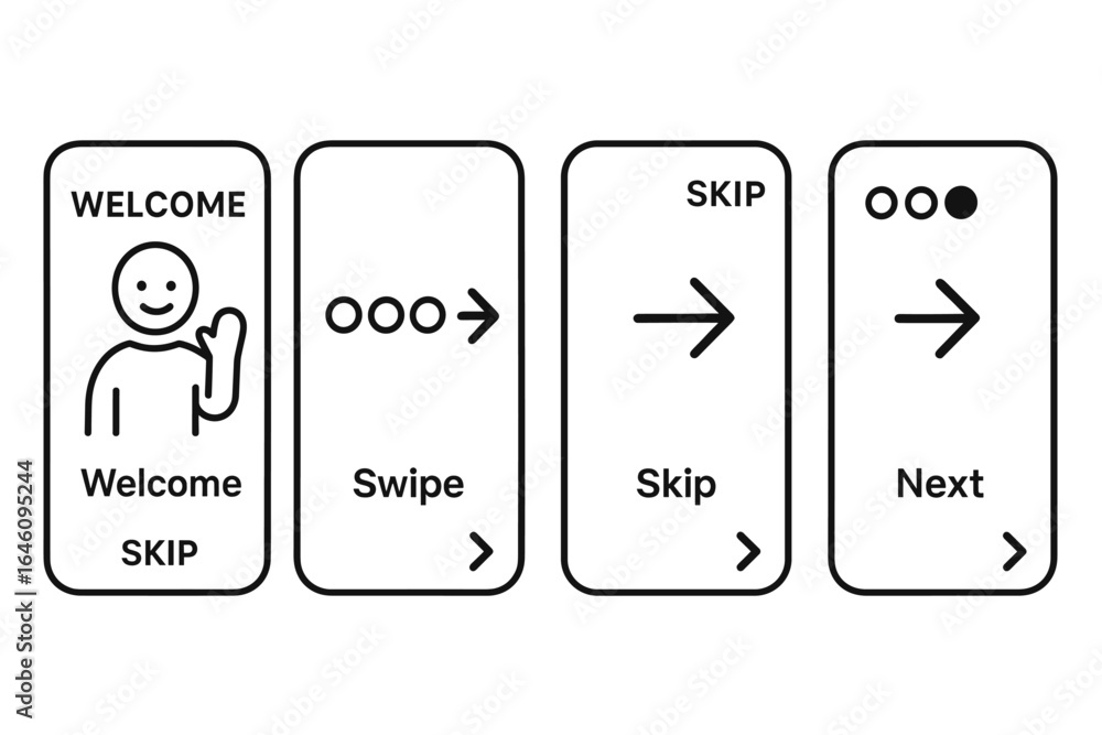 Poster user interface design with swipe and skip navigation icons