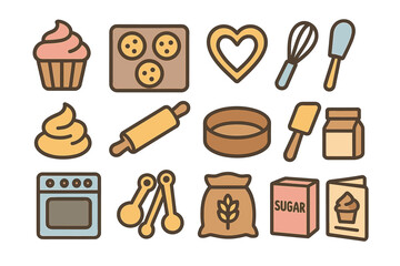 Colorful baking icons: cupcake, utensils, ingredients, and tools for home bakers