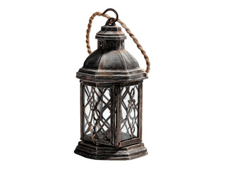 Rustic weathered metal lantern with a decorative lattice design and a thick rope handle.
