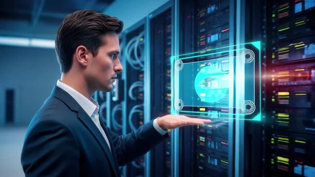 IT Specialist Using Futuristic Biometric Access System in Secure Data Center Server Room, 4k
