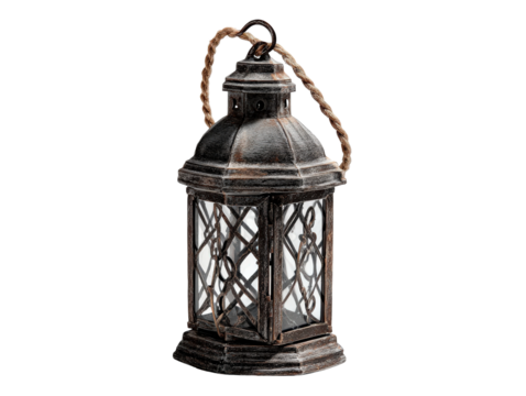 Rustic weathered metal lantern with a decorative lattice design and a thick rope handle.