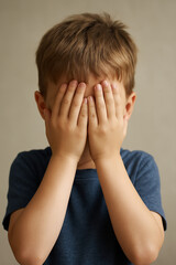 Bambino con capelli castani lunghi che si copre il viso con le mani.