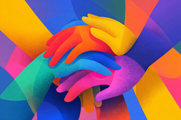 Several vibrant hands of diverse colors overlap, representing unity and cooperation in a modern and creative flat design