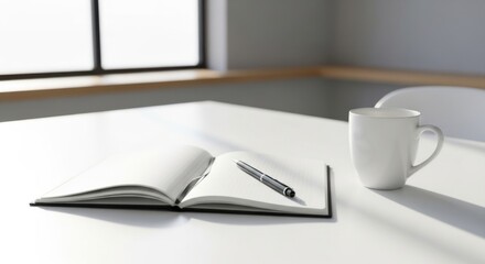 Fototapeta premium Open notebook with pen and white mug on a white table near a window blank pages writing