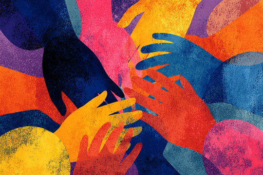 Vibrant hands in various colors intertwine, symbolizing teamwork and connection among diverse people working together towards a common goal
