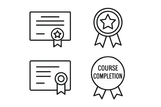 Certificate and medal icons representing course completion and achievement