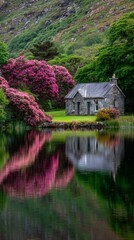 Obraz premium Serene Stone Cottage by Reflective Lake with Blooming Flowers