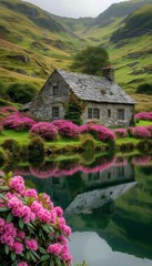 Obraz premium Serene Stone Cottage by Reflective Lake with Blooming Flowers