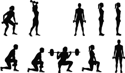 Silhouette Workout Poses, Fitness Exercises, Strength Training, Dumbbells, Barbell, Lunges, Squats, Gym, Health, Muscles, Routine, Body