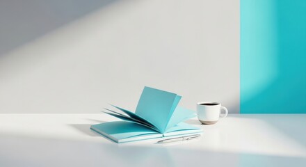 Open turquoise notebook with pen and coffee cup on white desk with bright sunlight shadows open book