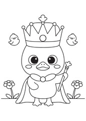 Coloring book page of cute duck king wearing crown and cape.
