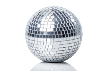 Shiny mirror disco ball reflecting light against a black background