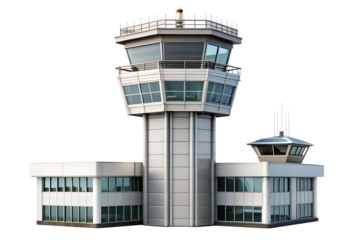 Airport control tower isolated on transparent background, a vital structure for managing air traffic and ensuring safety