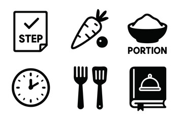 Recipe symbols: checklist, carrot, portion, clock, utensils, cookbook icon set