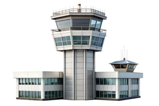 Airport control tower isolated on transparent background, a vital structure for managing air traffic and ensuring safety