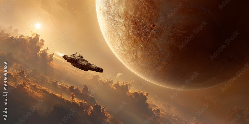 Poster spaceship exploring alien planet surrounded by cosmic clouds and celestial bodies in a vast universe