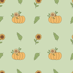 Seamless pattern with pumpkins and leaves