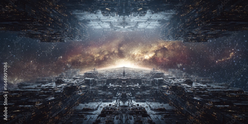 Poster futuristic cosmic landscape with abstract structures and stellar background in a vast universe scene